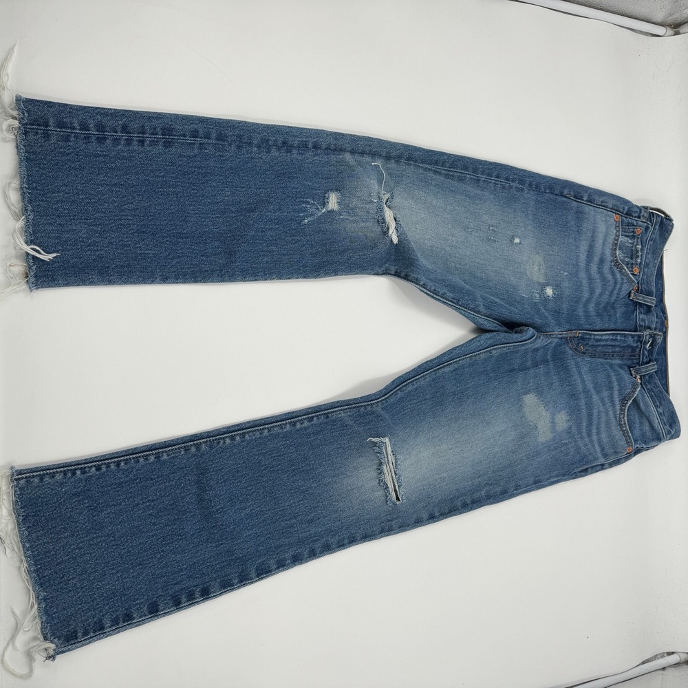 Levis 544 Straight Distressed Medium Wash Denim Jeans Raw Hem Size 27 Sample Tag - Picture 6 of 16
